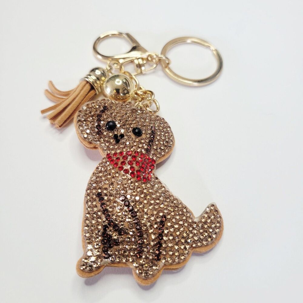 NWT Large Bling Brown And Gold Puppy Keychain Bag Charm With Tassel Purse Charm